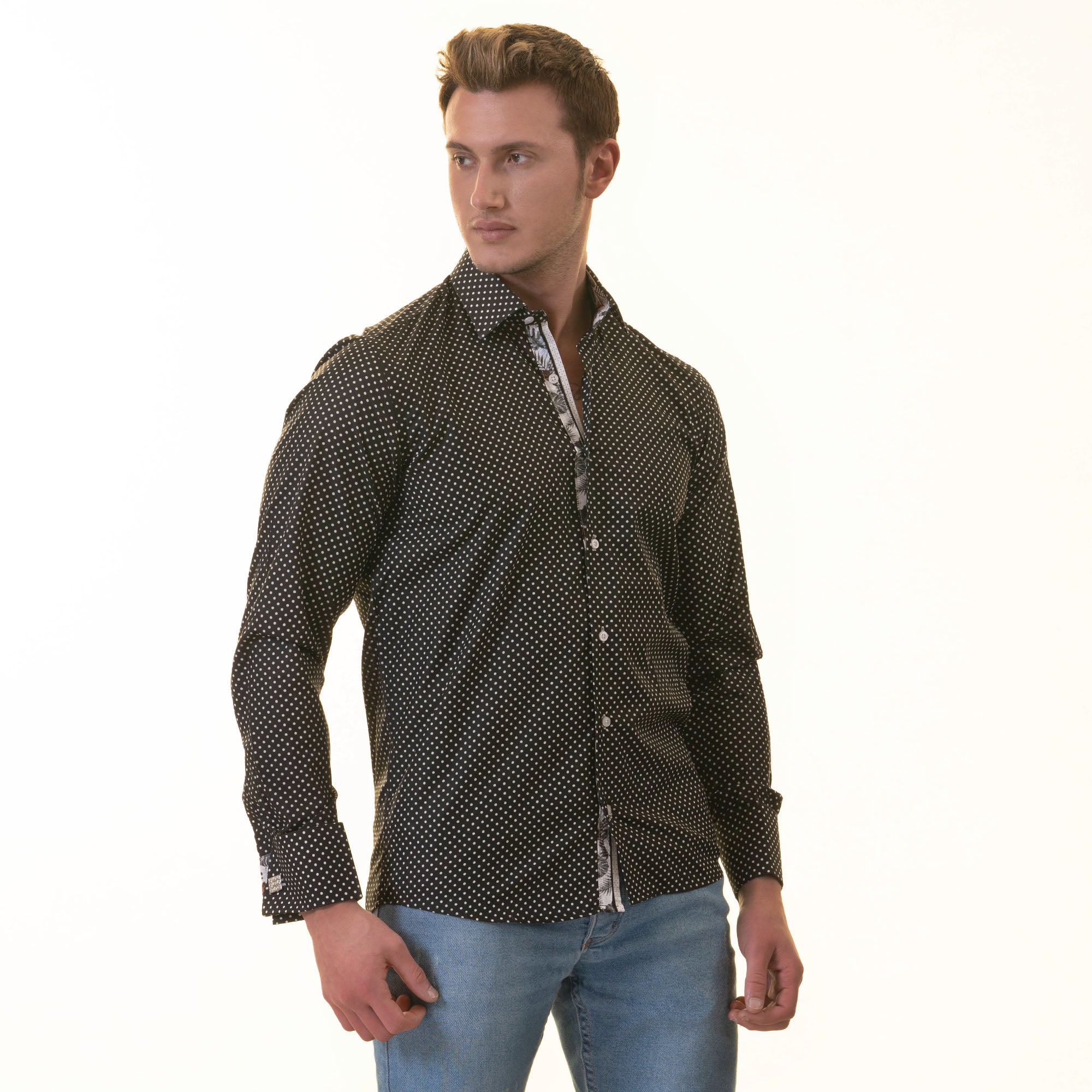 White Black Polka Dot inside Tropical Mens Slim Fit Designer French Cuff Shirt - tailored Cotton Shirts for Work and Casual Wear