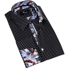 White Black Polka Dot inside Tropical Mens Slim Fit Designer French Cuff Shirt - tailored Cotton Shirts for Work and Casual Wear