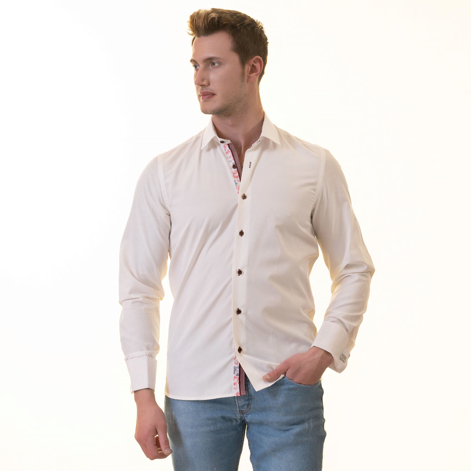 White insdei Red Floral Mens Slim Fit Designer French Cuff Shirt - tailored Cotton Shirts for Work and Casual Wear