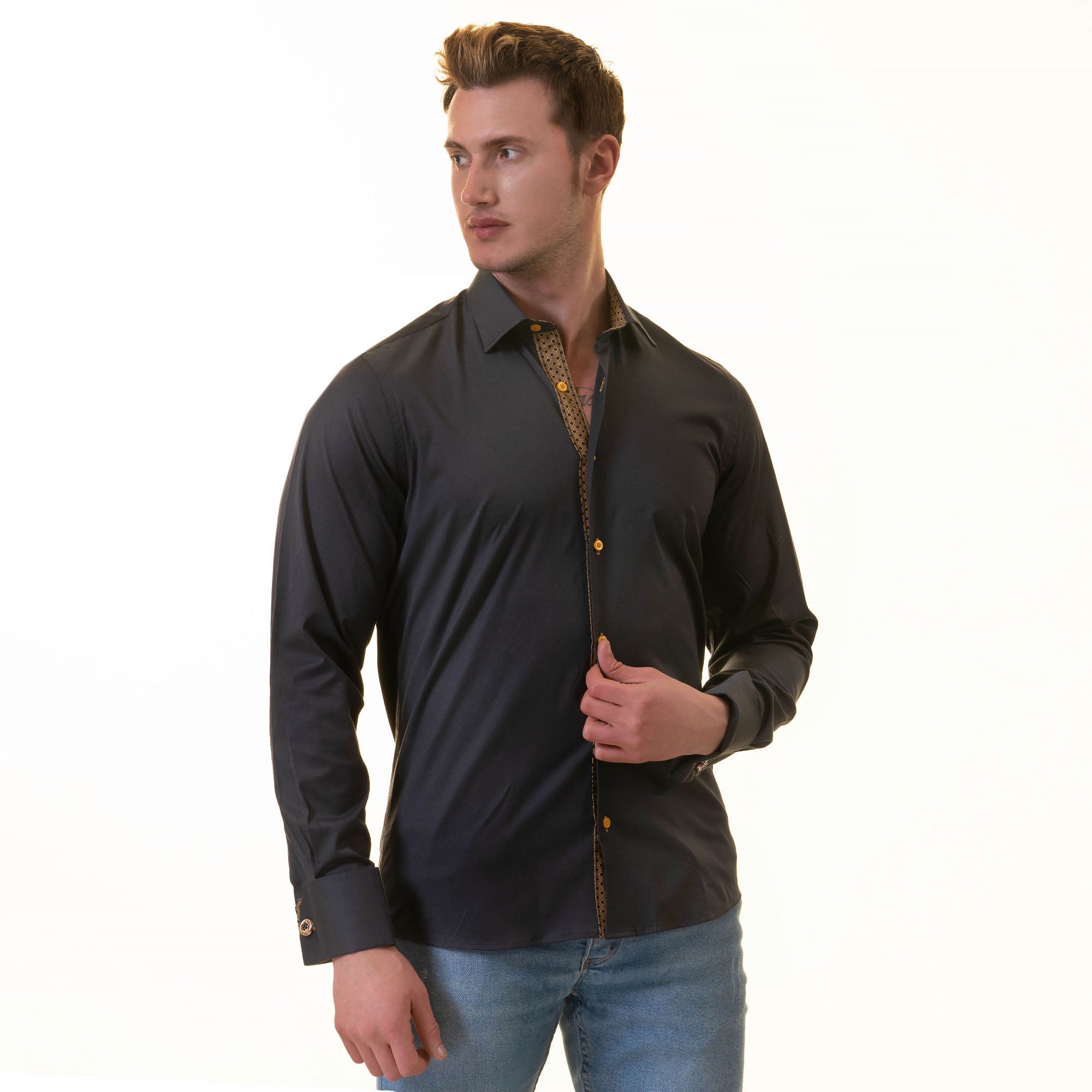 Black inside honeycomb Mens Slim Fit Designer French Cuff Shirt - tailored Cotton Shirts for Work and Casual Wear