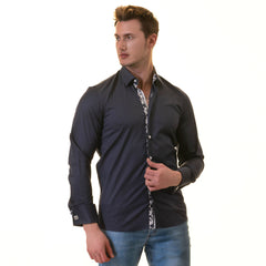 Navy inside Floral Mens Slim Fit Designer French Cuff Shirt - tailored Cotton Shirts for Work and Casual Wear