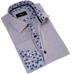 Gray inside Black Floral Mens Slim Fit Designer French Cuff Shirt - tailored Cotton Shirts for Work and Casual Wear