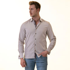 Gray with inside White Ptrined Double Cuff Shirt Mens Slim Fit Designer French Cuff Shirt - tailored Cotton Shirts for Work and Casual Wear