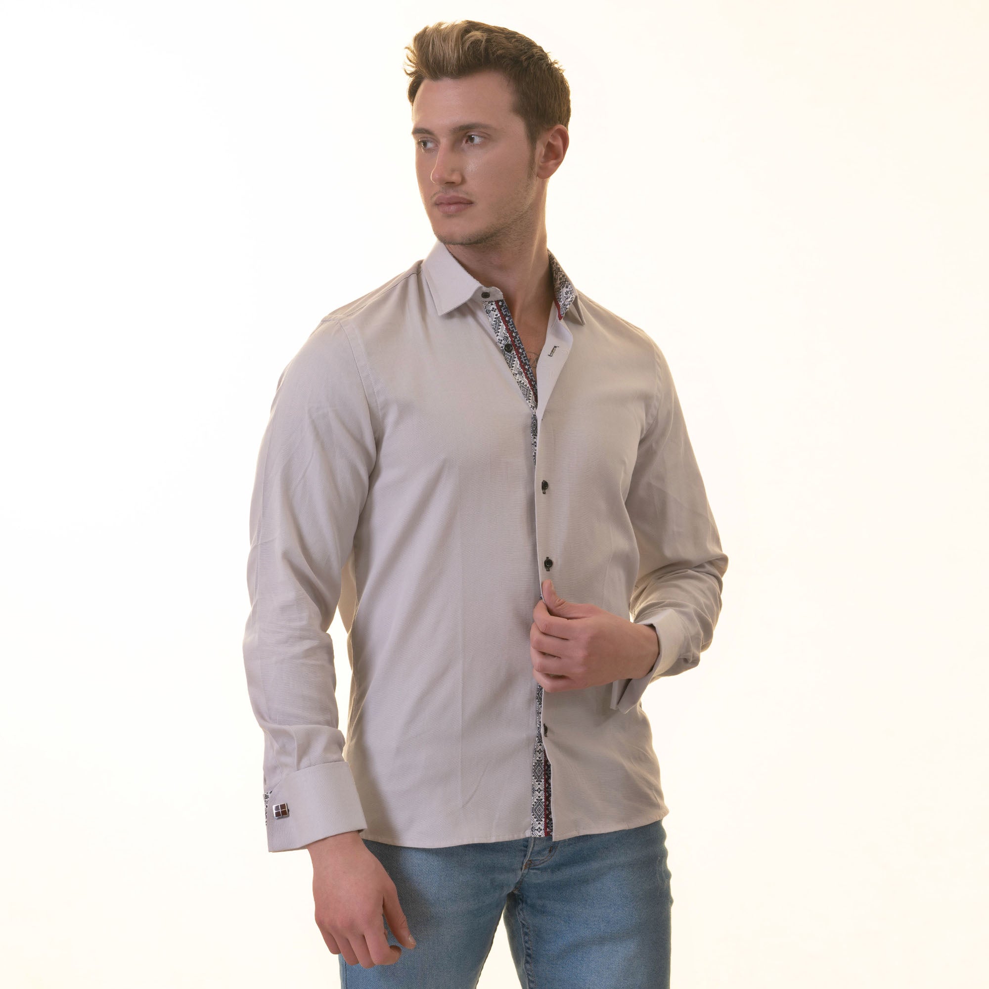 Gray with inside White Ptrined Double Cuff Shirt Mens Slim Fit Designer French Cuff Shirt - tailored Cotton Shirts for Work and Casual Wear