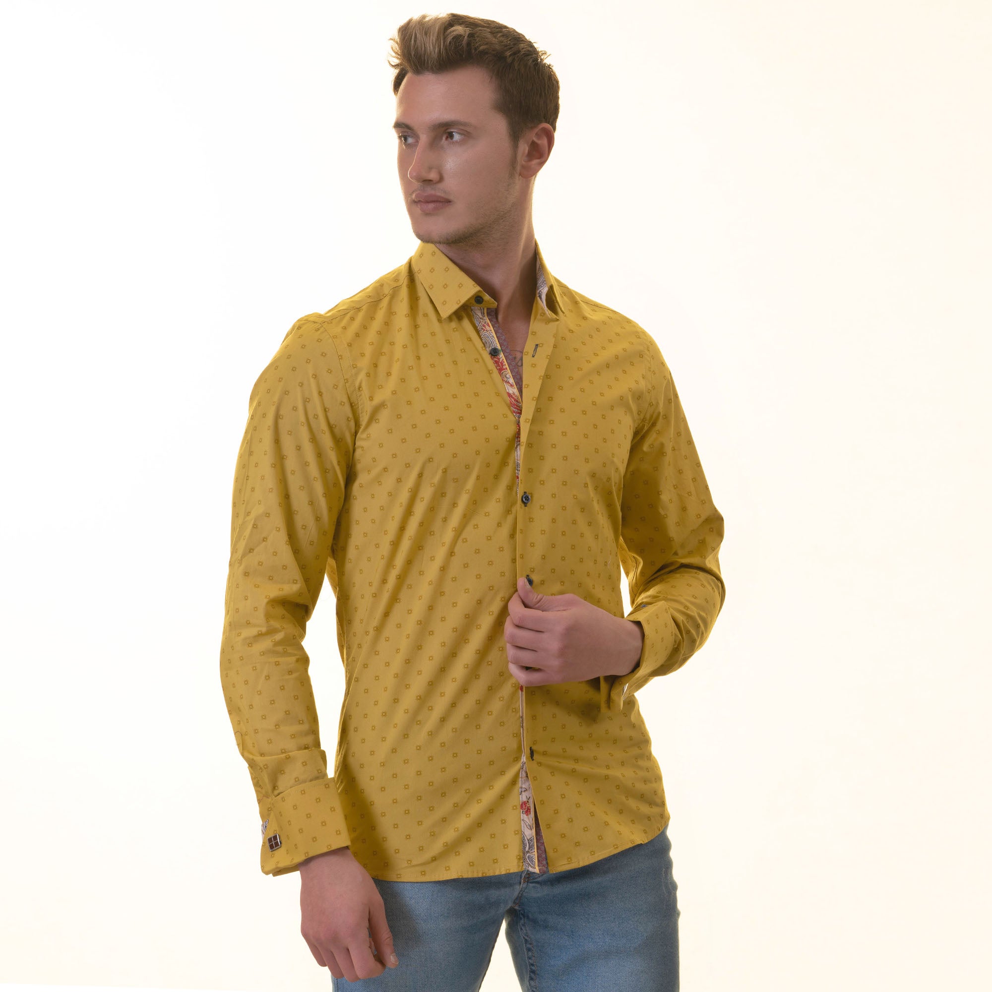 Mustard Printed inside Paisley Mens Slim Fit Designer French Cuff Shirt - tailored Cotton Shirts for Work and Casual Wear