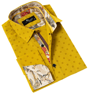 Mustard Printed inside Paisley Mens Slim Fit Designer French Cuff Shirt - tailored Cotton Shirts for Work and Casual Wear