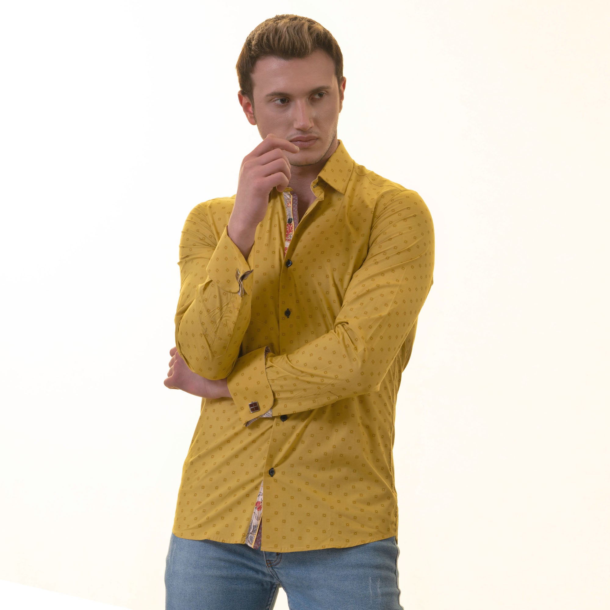 Mustard Printed inside Paisley Mens Slim Fit Designer French Cuff Shirt - tailored Cotton Shirts for Work and Casual Wear