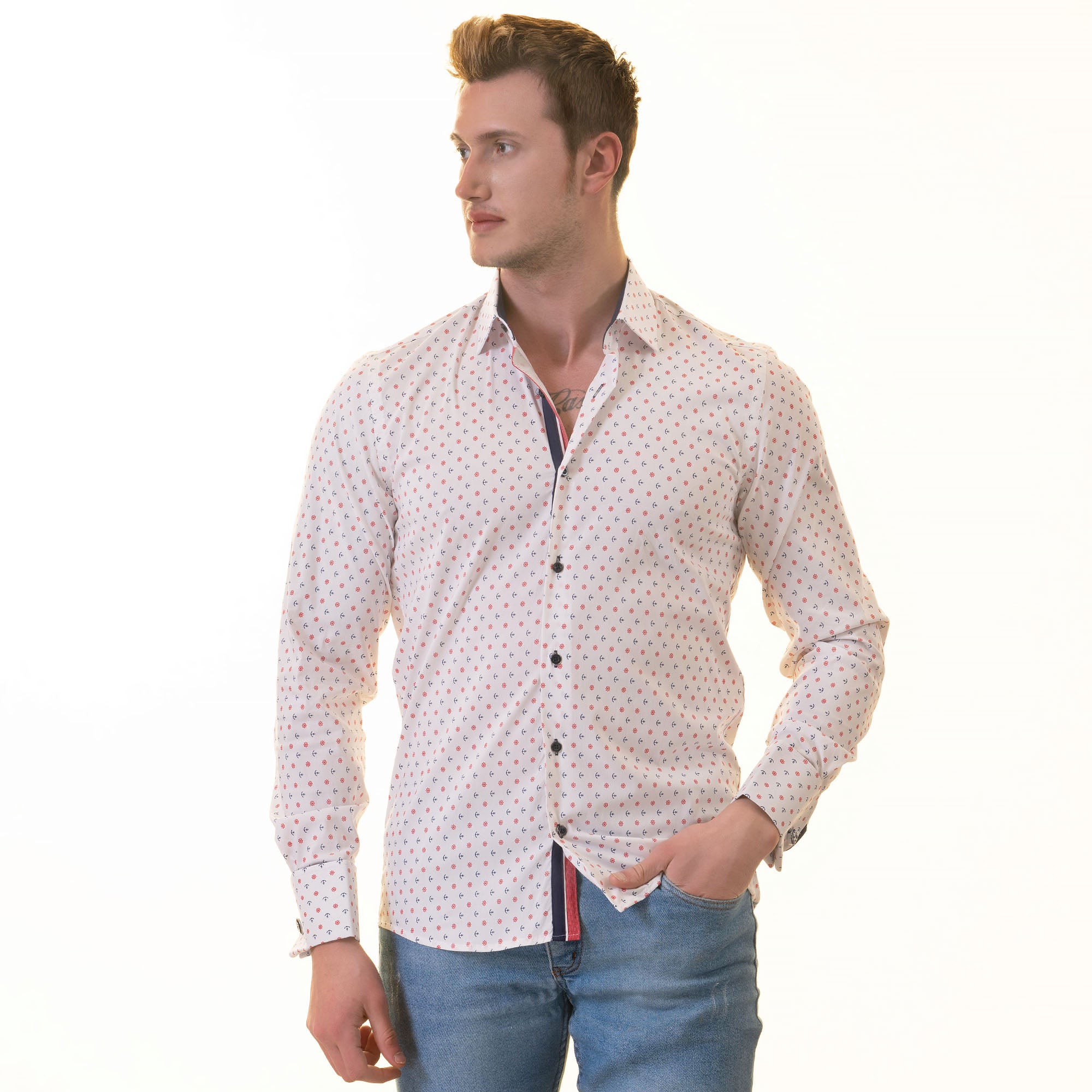 White Blue & Red Anchor Mens Slim Fit Designer French Cuff Shirt