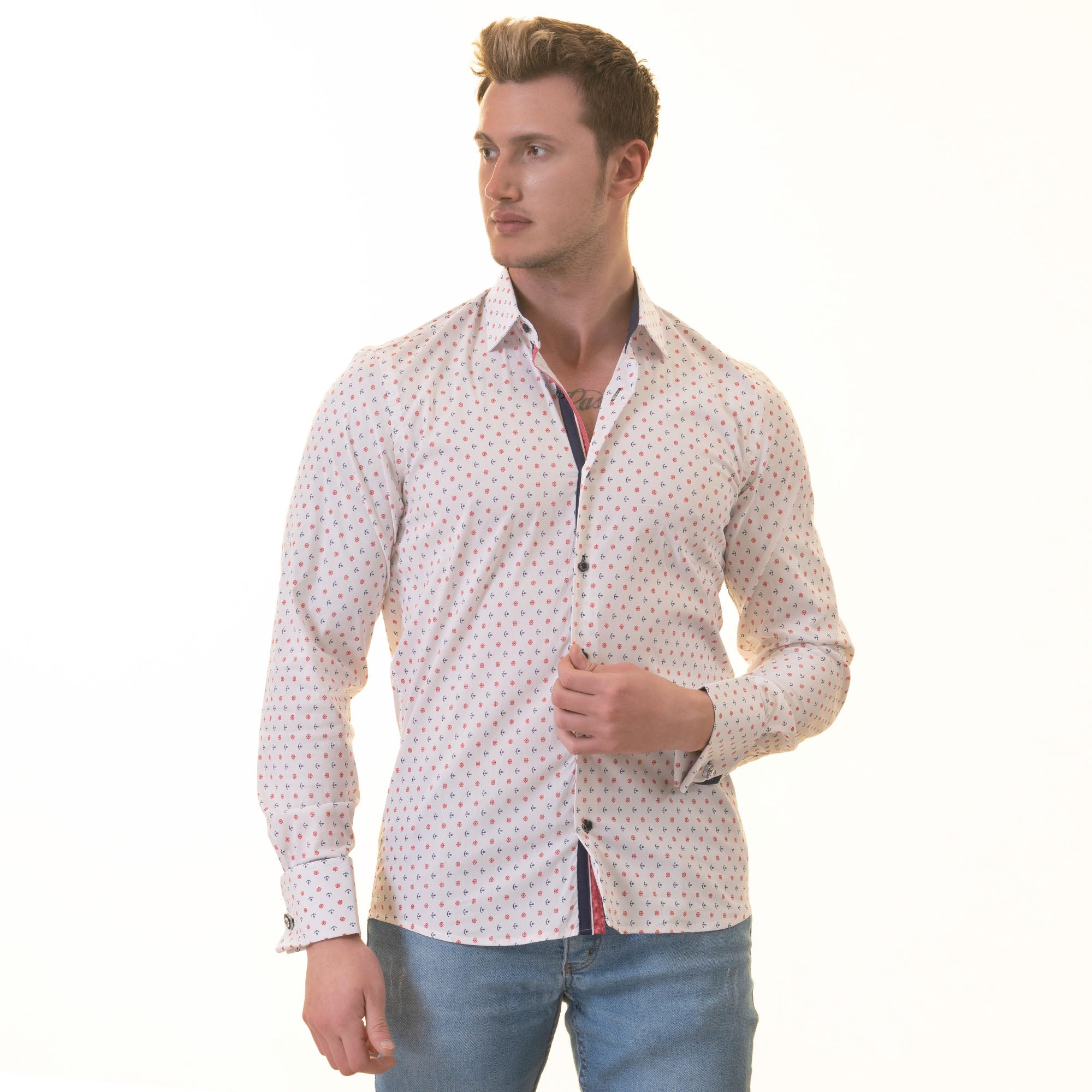 White Blue & Red Anchor Mens Slim Fit Designer French Cuff Shirt