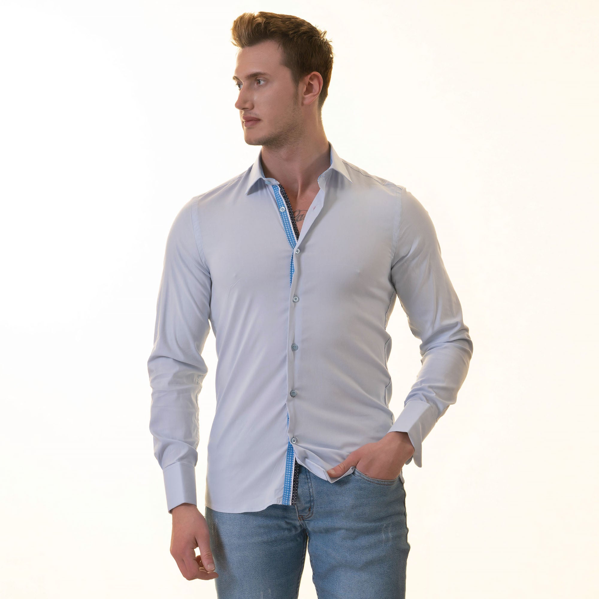 Blue inside Blue White Polka Dot Mens Slim Fit Designer French Cuff Shirt