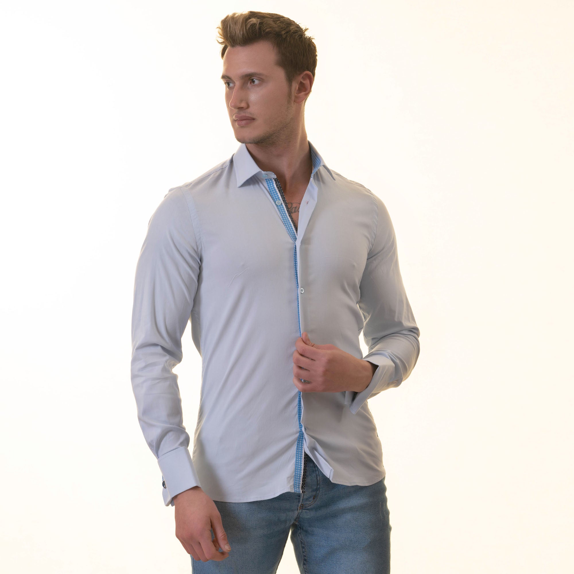 Blue inside Blue White Polka Dot Mens Slim Fit Designer French Cuff Shirt