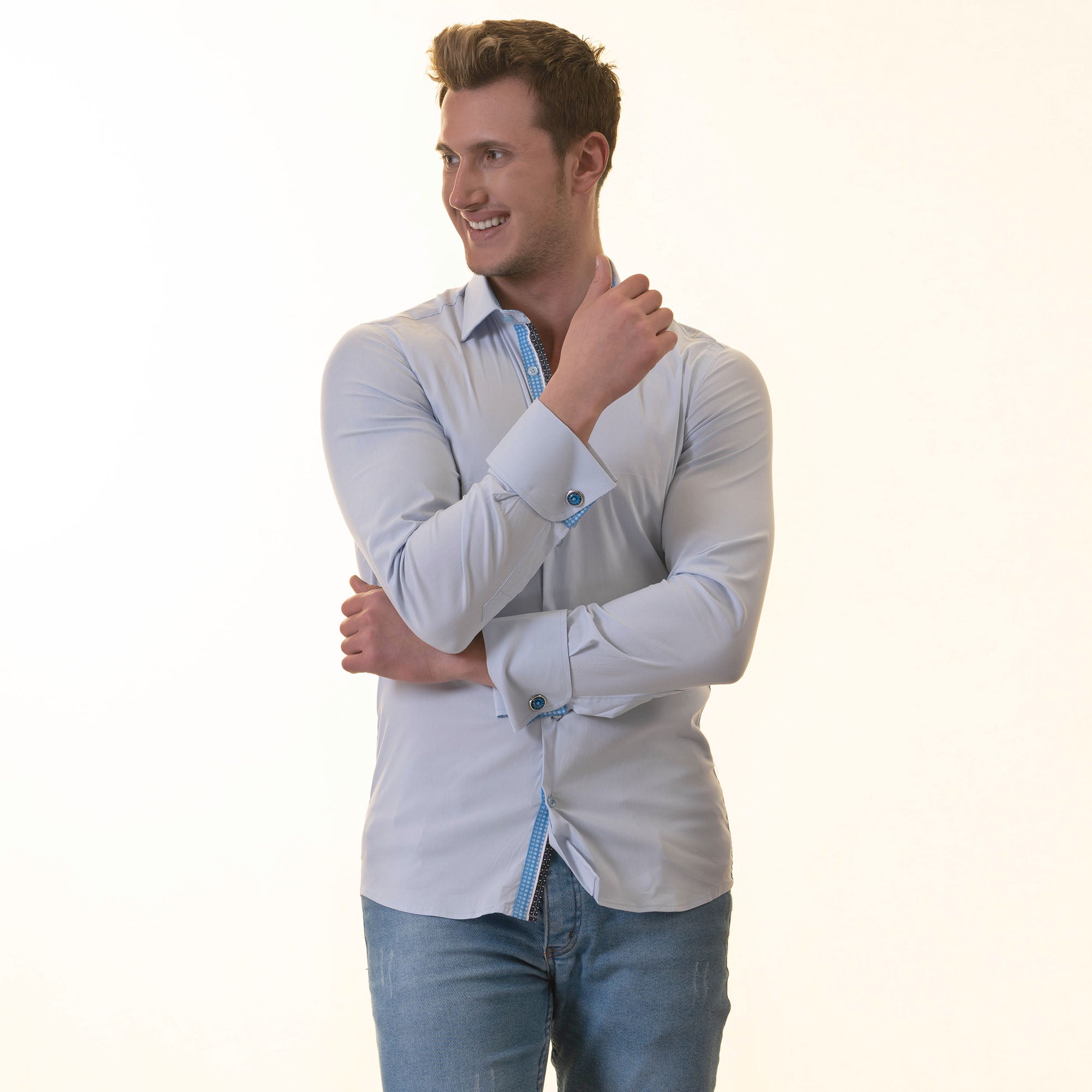 Blue inside Blue White Polka Dot Mens Slim Fit Designer French Cuff Shirt