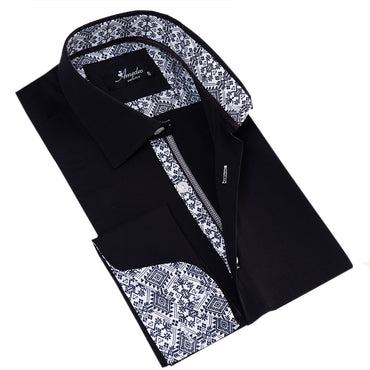 Black inside White Printed Double Cuff Shirt Mens Slim Fit Designer French Cuff Shirt