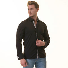 Black inside White Printed Double Cuff Shirt Mens Slim Fit Designer French Cuff Shirt