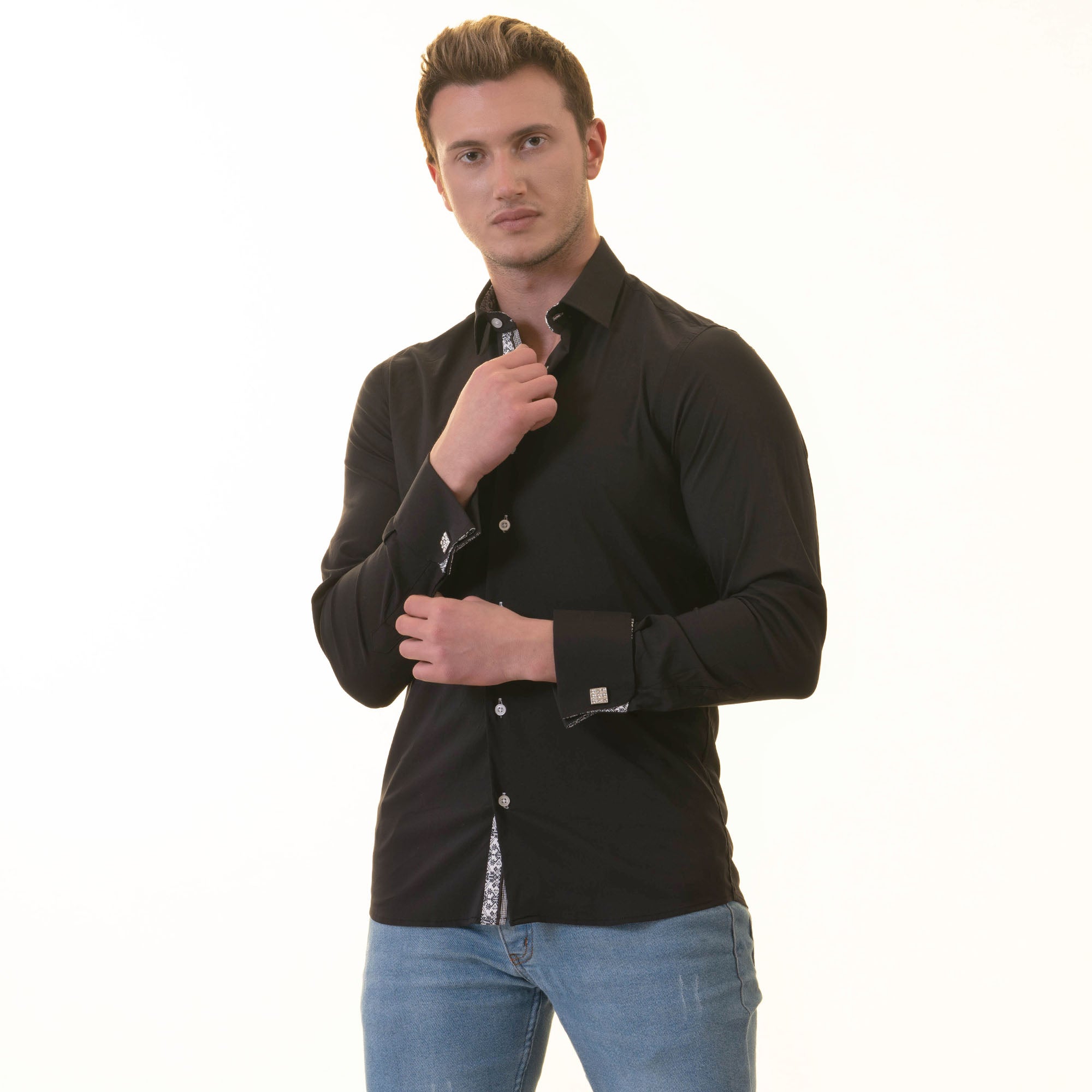Black inside White Printed Double Cuff Shirt Mens Slim Fit Designer French Cuff Shirt