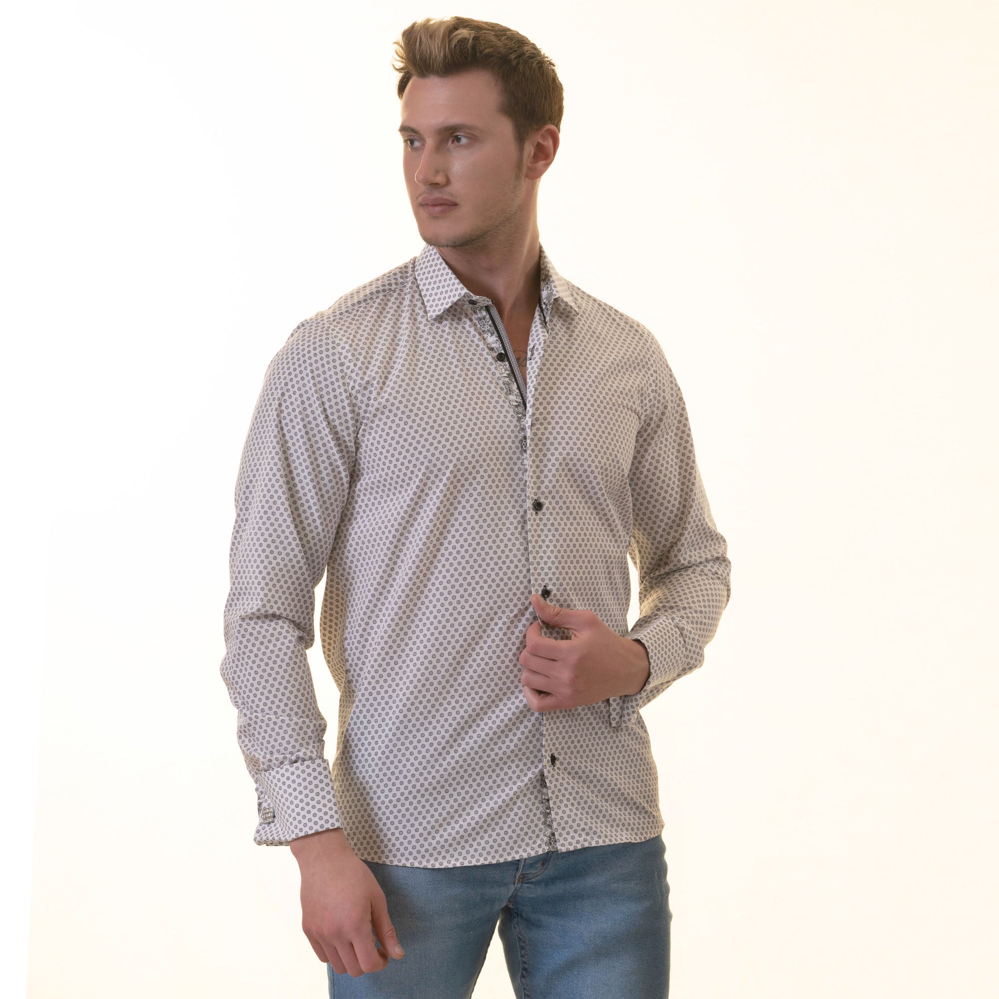 White Polka Dot Printed  Mens Slim Fit Designer French Cuff Shirt
