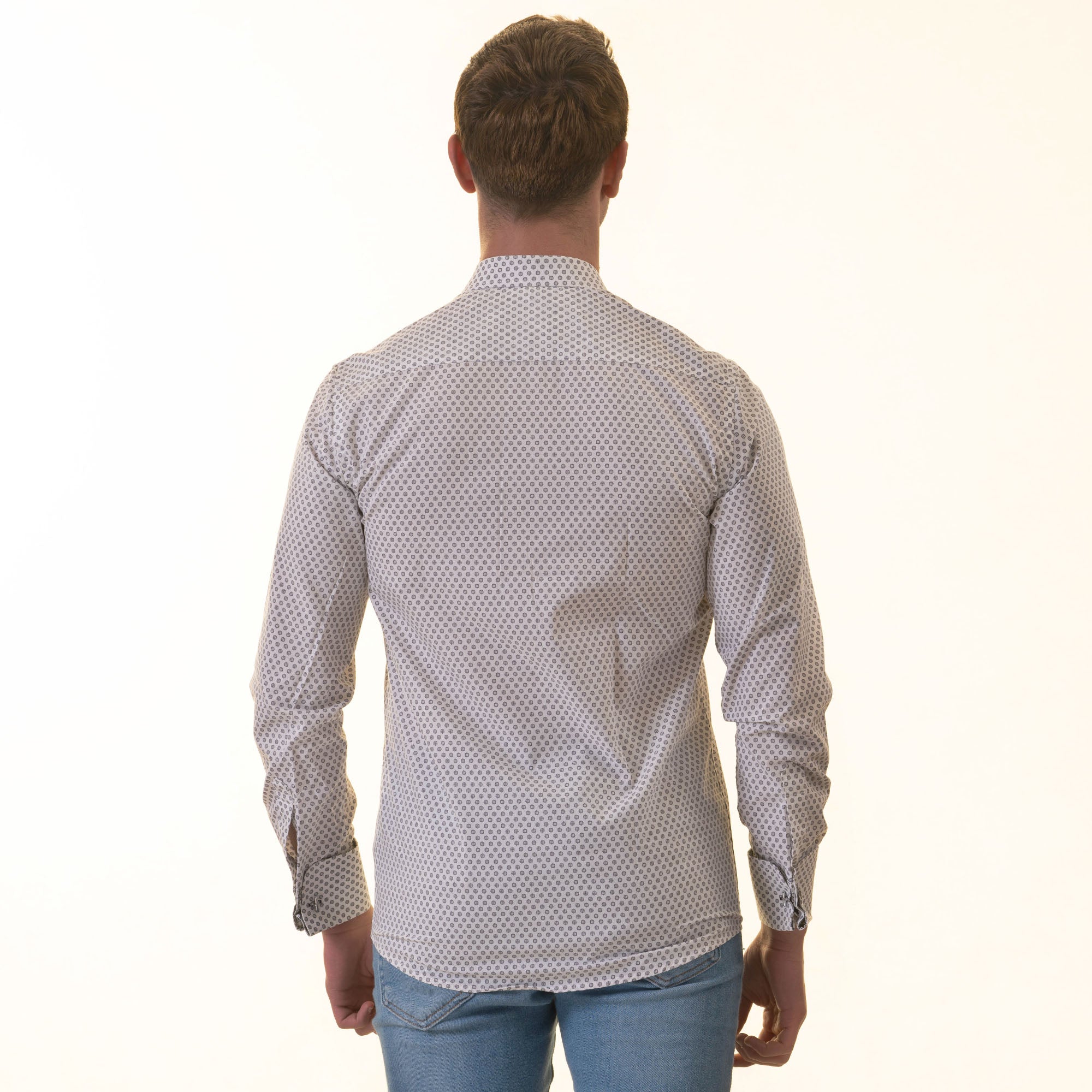 White Polka Dot Printed  Mens Slim Fit Designer French Cuff Shirt