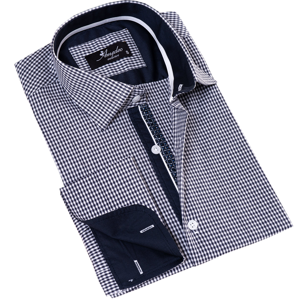 Black Checkered Mens Slim Fit Designer French Cuff Shirt
