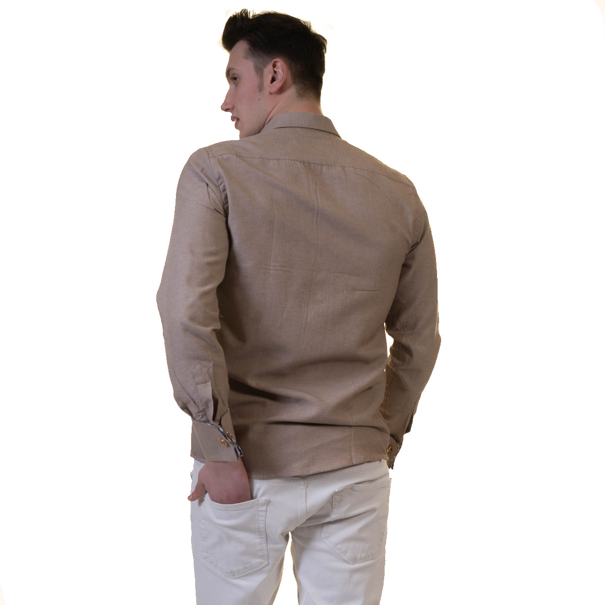 Brown White Mens Slim Fit French Cuff Shirts with Cufflink Holes - Casual and Formal