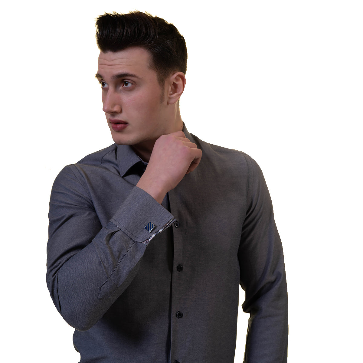 Grey Mens Slim Fit French Cuff Shirts with Cufflink Holes - Casual and Formal