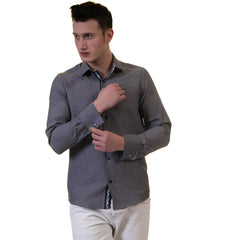 Grey Mens Slim Fit French Cuff Shirts with Cufflink Holes - Casual and Formal