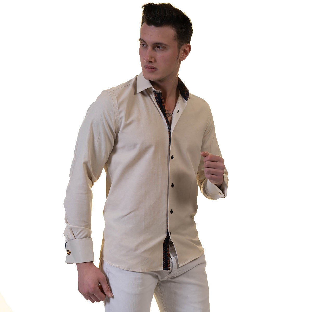 Off White Mens Slim Fit French Cuff Shirts with Cufflink Holes - Casual and Formal