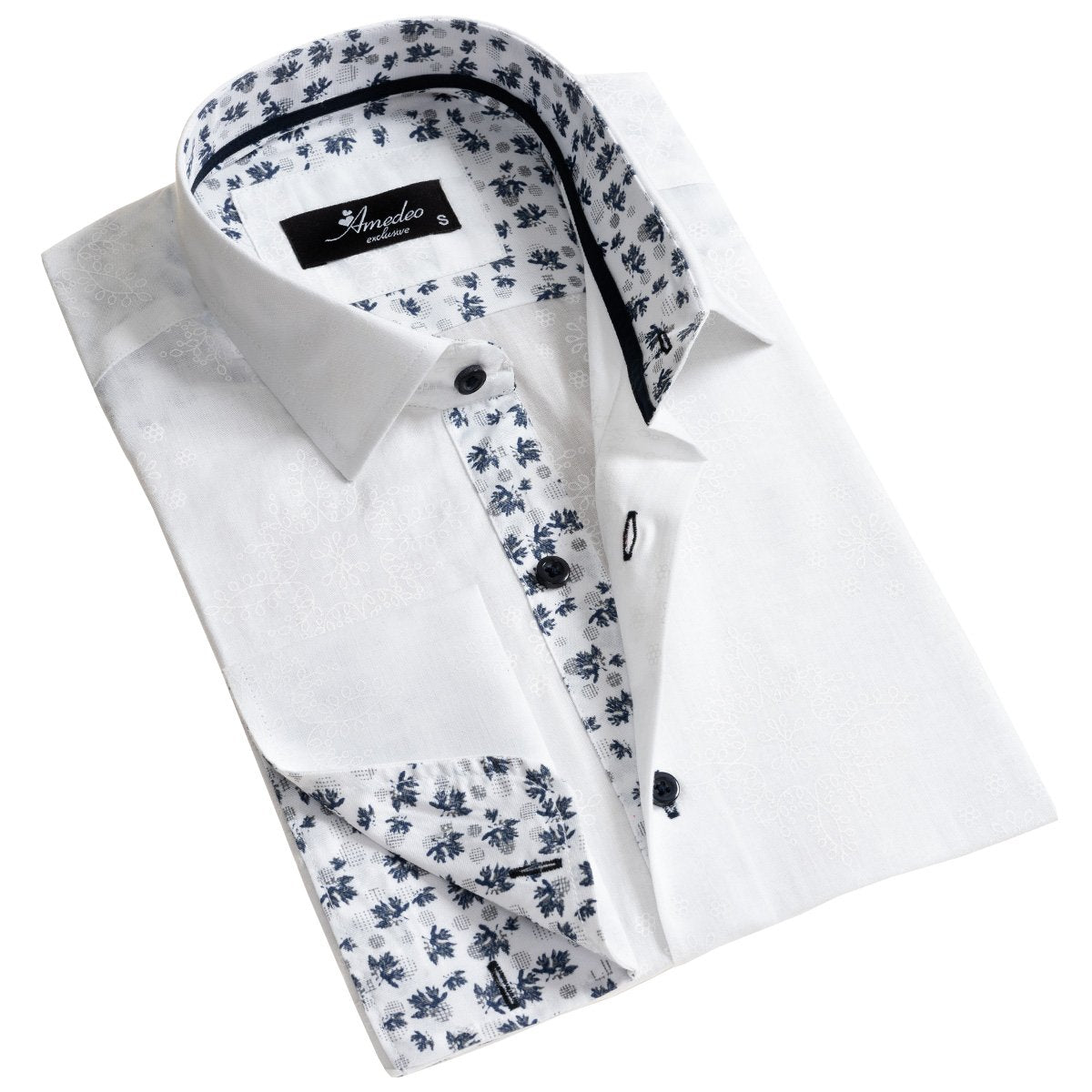 White and Blue Floral Dark Purple Men's Slim Fit French Cuff Dress Shirts with Cufflink Holes - Casual and Formal - Amedeo Exclusive