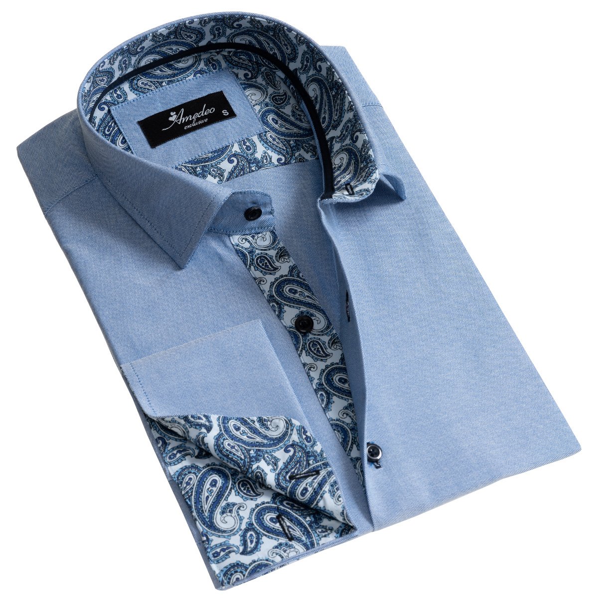 Blue Men's Slim Fit French Cuff Dress Shirts with Cufflink Holes - Casual and Formal - Amedeo Exclusive