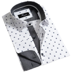 White With Black Dots Men's Slim Fit French Cuff Dress Shirts with Cufflink Holes - Casual and Formal - Amedeo Exclusive