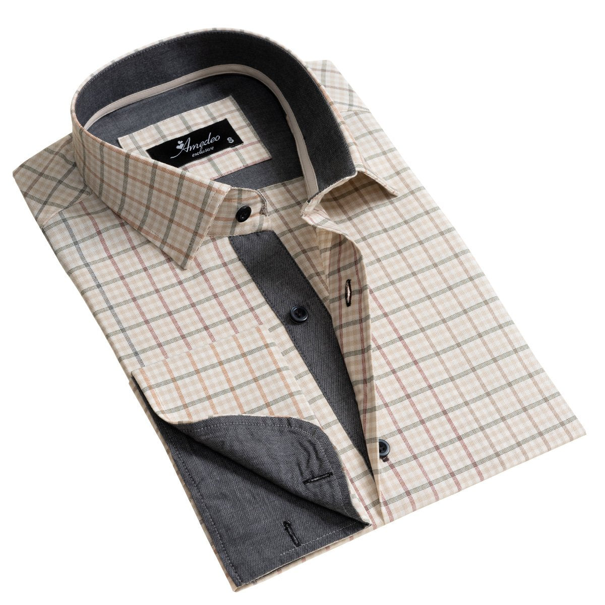 Tan Checked Men's Slim Fit French Cuff Dress Shirts with Cufflink Holes - Casual and Formal - Amedeo Exclusive