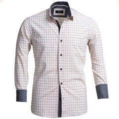 Tan Checked Men's Slim Fit French Cuff Dress Shirts with Cufflink Holes - Casual and Formal - Amedeo Exclusive