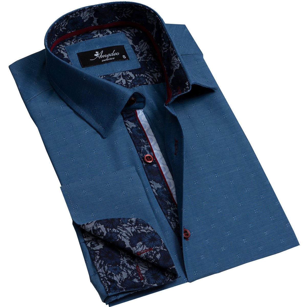 Textured Blue Men's Reversible Dress Shirt, Button Down Slim Fit with French Cuff Casual and Formal - Amedeo Exclusive