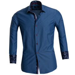 Textured Blue Men's Reversible Dress Shirt, Button Down Slim Fit with French Cuff Casual and Formal - Amedeo Exclusive