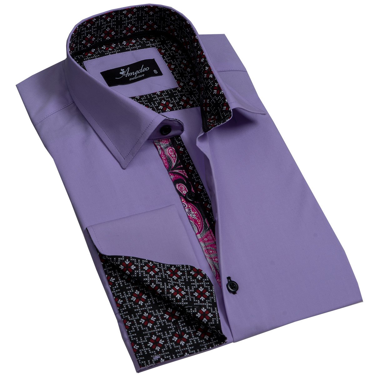 Solid Purple Mens Slim Fit French Cuff Dress Shirts with Cufflink Holes - Casual and Formal - Amedeo Exclusive