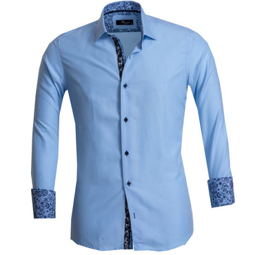 Solid Light Blue Mens Slim Fit French Cuff Dress Shirts with Cufflink Holes - Casual and Formal - Amedeo Exclusive