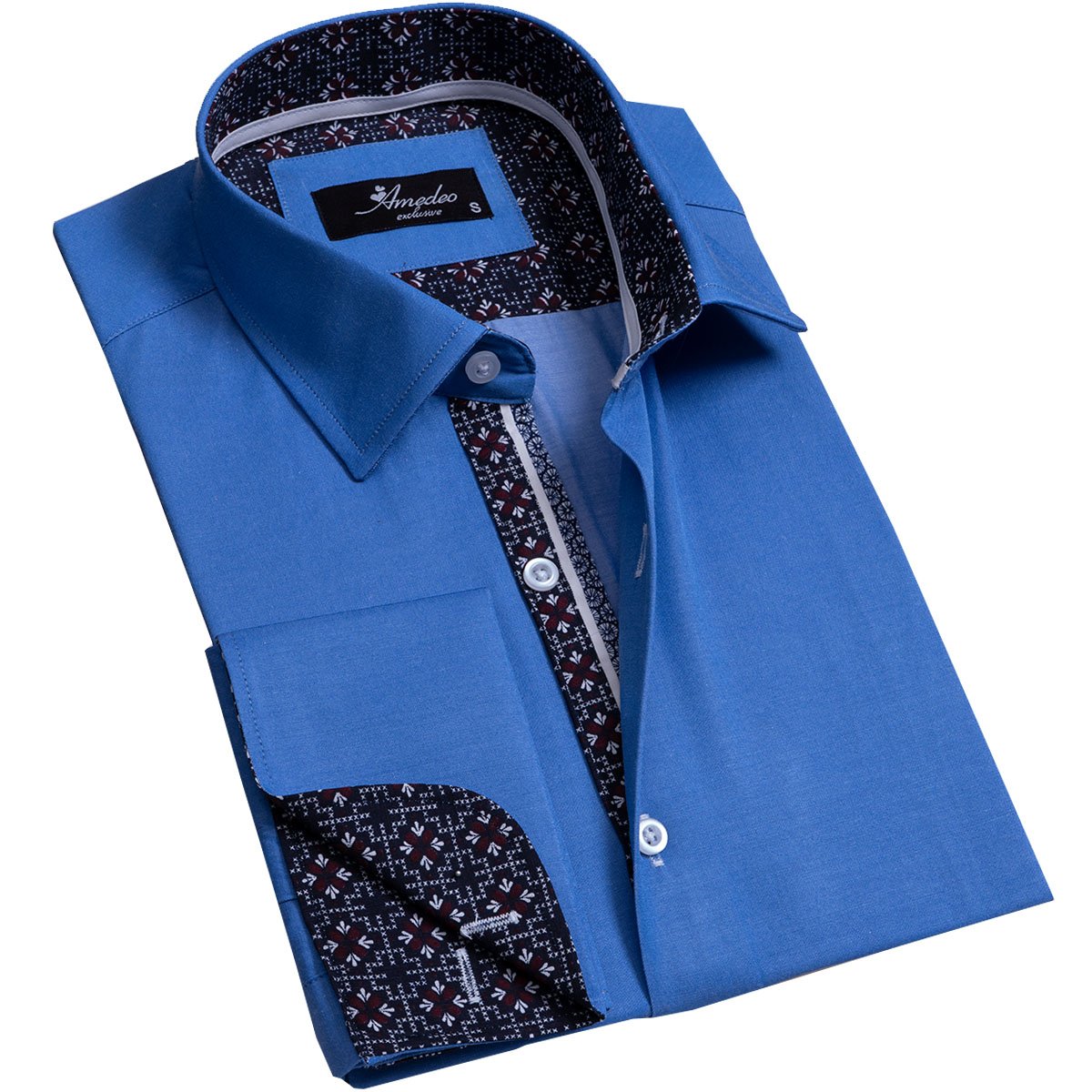 Solid Medium Blue Mens Slim Fit French Cuff Dress Shirts with Cufflink Holes - Casual and Formal - Amedeo Exclusive
