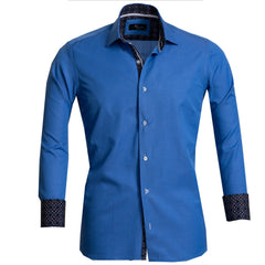 Solid Medium Blue Mens Slim Fit French Cuff Dress Shirts with Cufflink Holes - Casual and Formal - Amedeo Exclusive