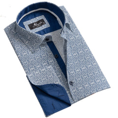 White And Blue Design Men's French Cuff Dress Shirt Button Down Slim Fit Casual And Formal - Amedeo Exclusive