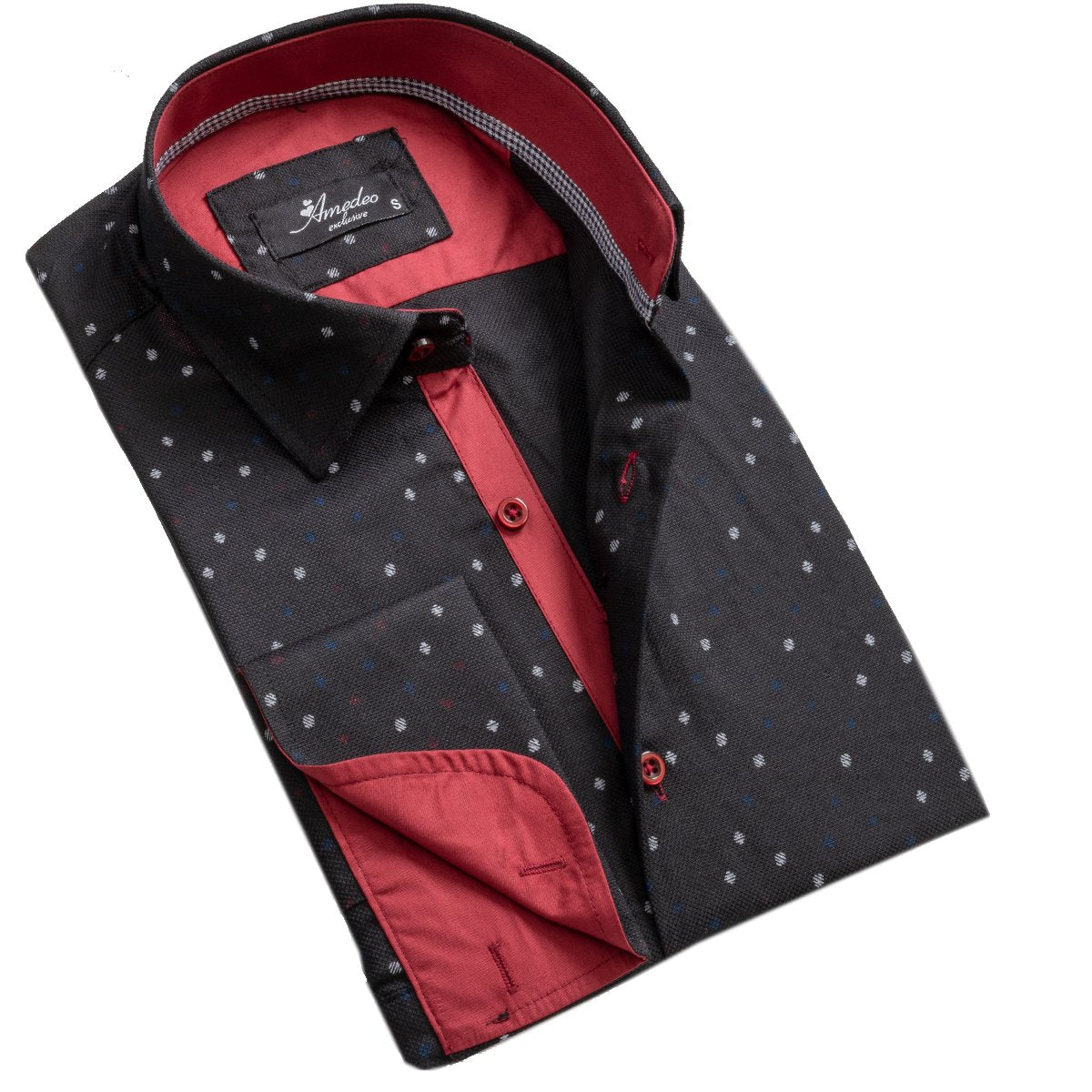 Black And Red Mens Slim Fit French Cuff Dress Shirts with Cufflink Holes - Casual and Formal - Amedeo Exclusive