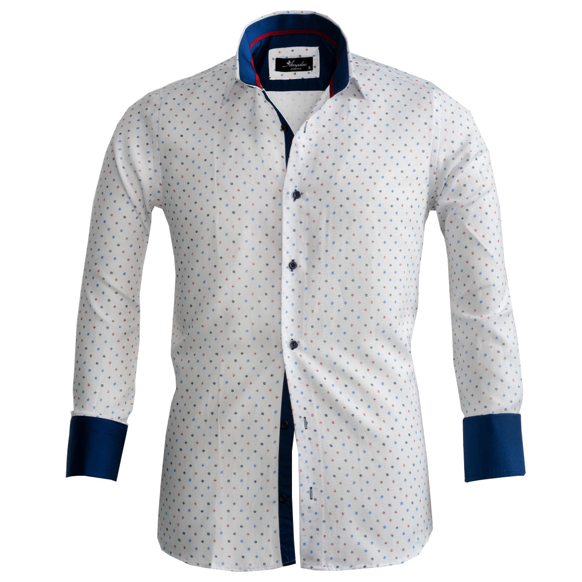 White and Blue Mens Slim Fit French Cuff Shirts with Cufflink Holes - Casual and Formal