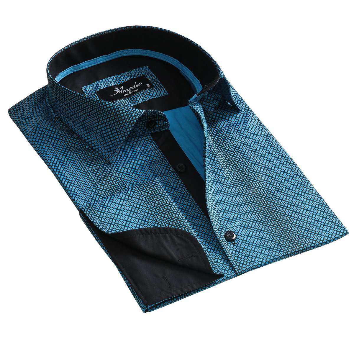 Turquoise Blue Design Mens Slim Fit Designer Dress Shirt - tailored Cotton Shirts for Work and Casual Wear - Amedeo Exclusive