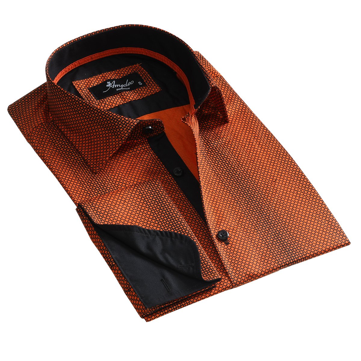 Orange Design Mens Slim Fit French Cuff Dress Shirts with Cufflink Holes - Casual and Formal - Amedeo Exclusive