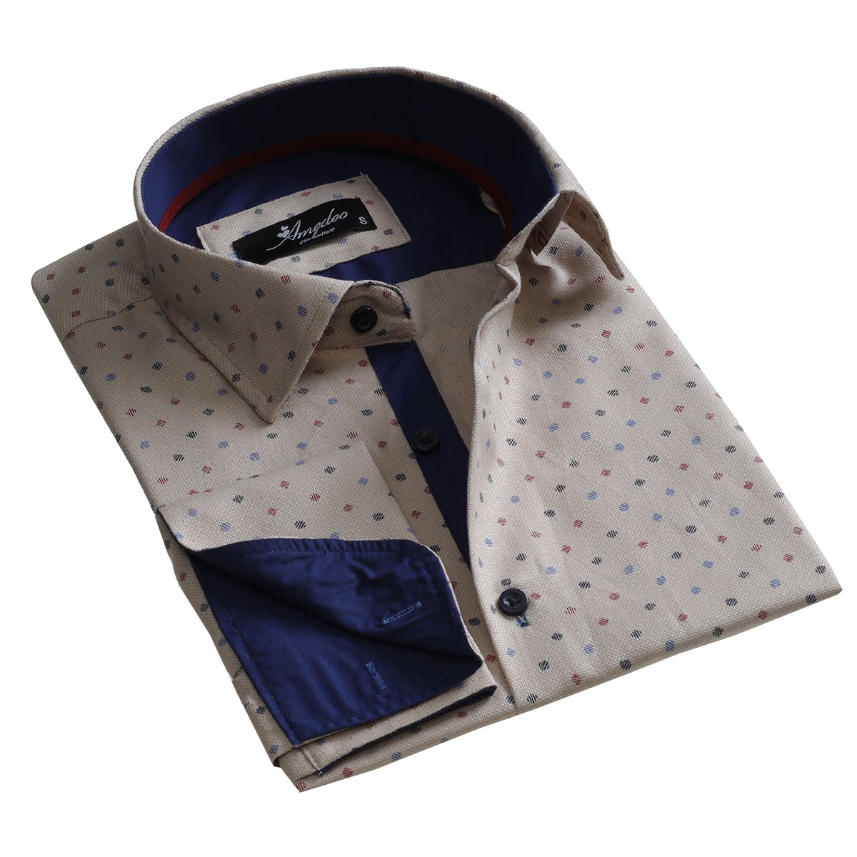 Cream Design Mens Slim Fit French Cuff Dress Shirts with Cufflink Holes - Casual and Formal - Amedeo Exclusive