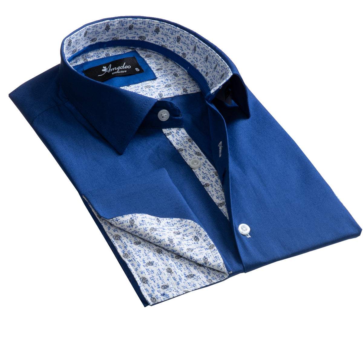 Medium Blue Design Mens Slim Fit French Cuff Dress Shirts with Cufflink Holes - Casual and Formal - Amedeo Exclusive