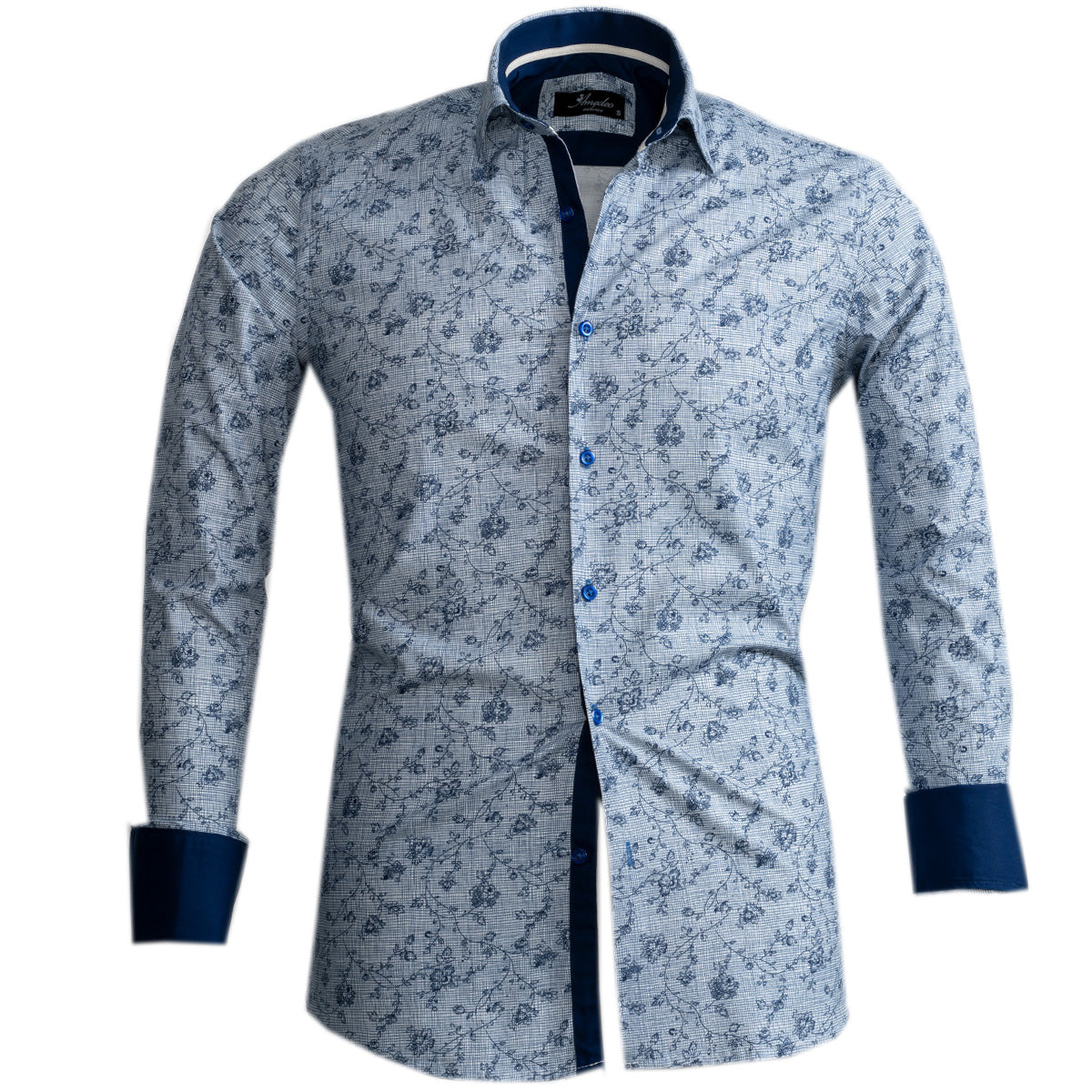 Blue and White Mens Slim Fit French Cuff Shirts with Cufflink Holes - Casual and Formal