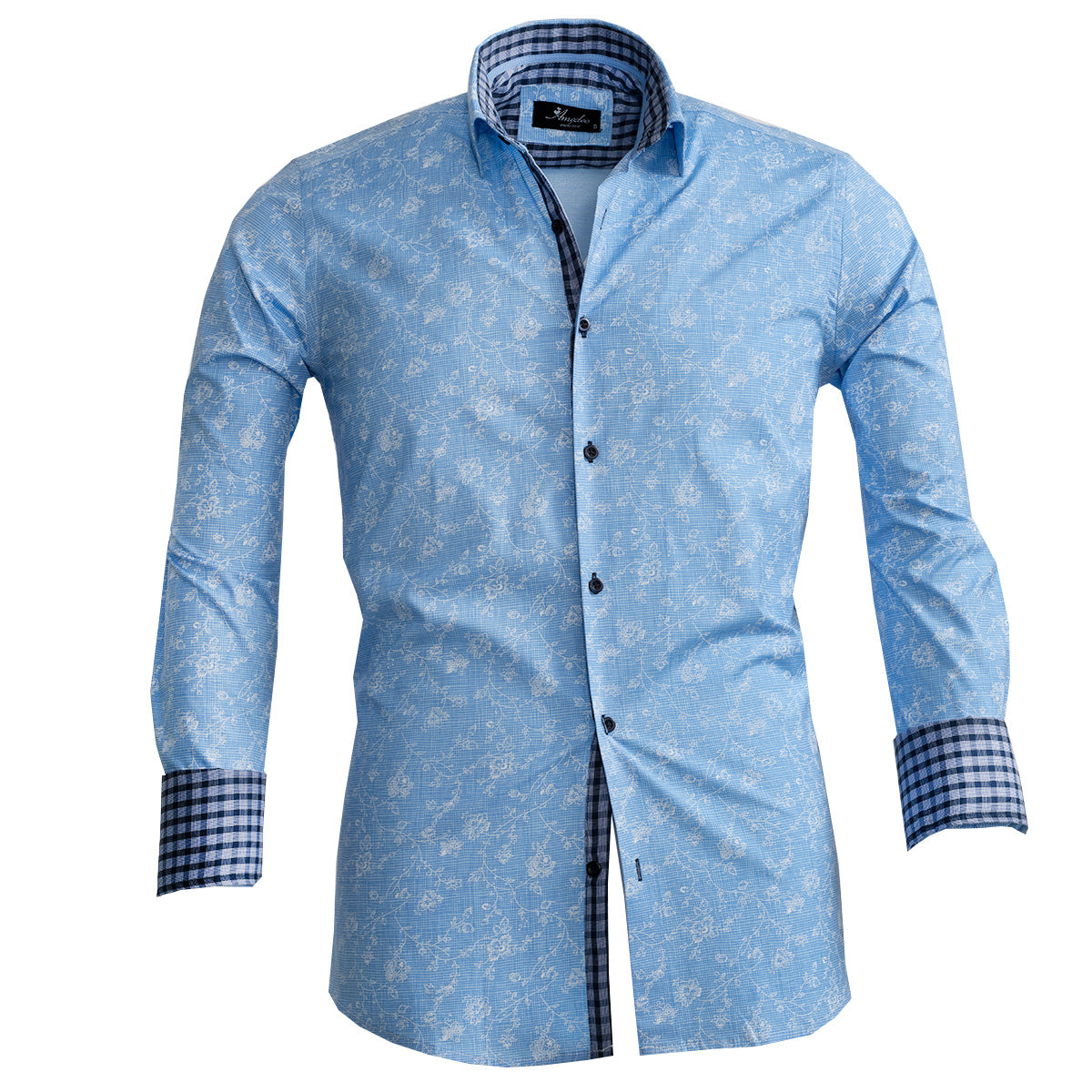 Blue Floral Mens Slim Fit French Cuff Shirts with Cufflink Holes - Casual and Formal