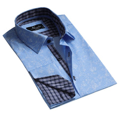 Blue Floral Mens Slim Fit French Cuff Dress Shirts with Cufflink Holes - Casual and Formal - Amedeo Exclusive
