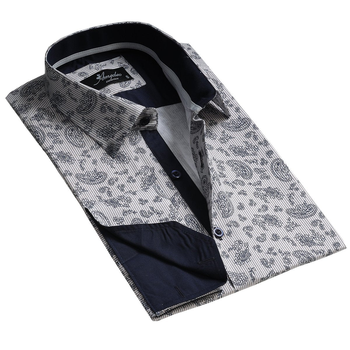 Light Grey Floral Mens Slim Fit French Cuff Dress Shirts with Cufflink Holes - Casual and Formal - Amedeo Exclusive