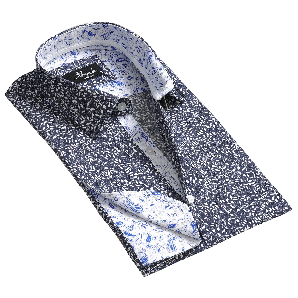 Grey Blue Floral Mens Slim Fit French Cuff Dress Shirts with Cufflink Holes - Casual and Formal - Amedeo Exclusive