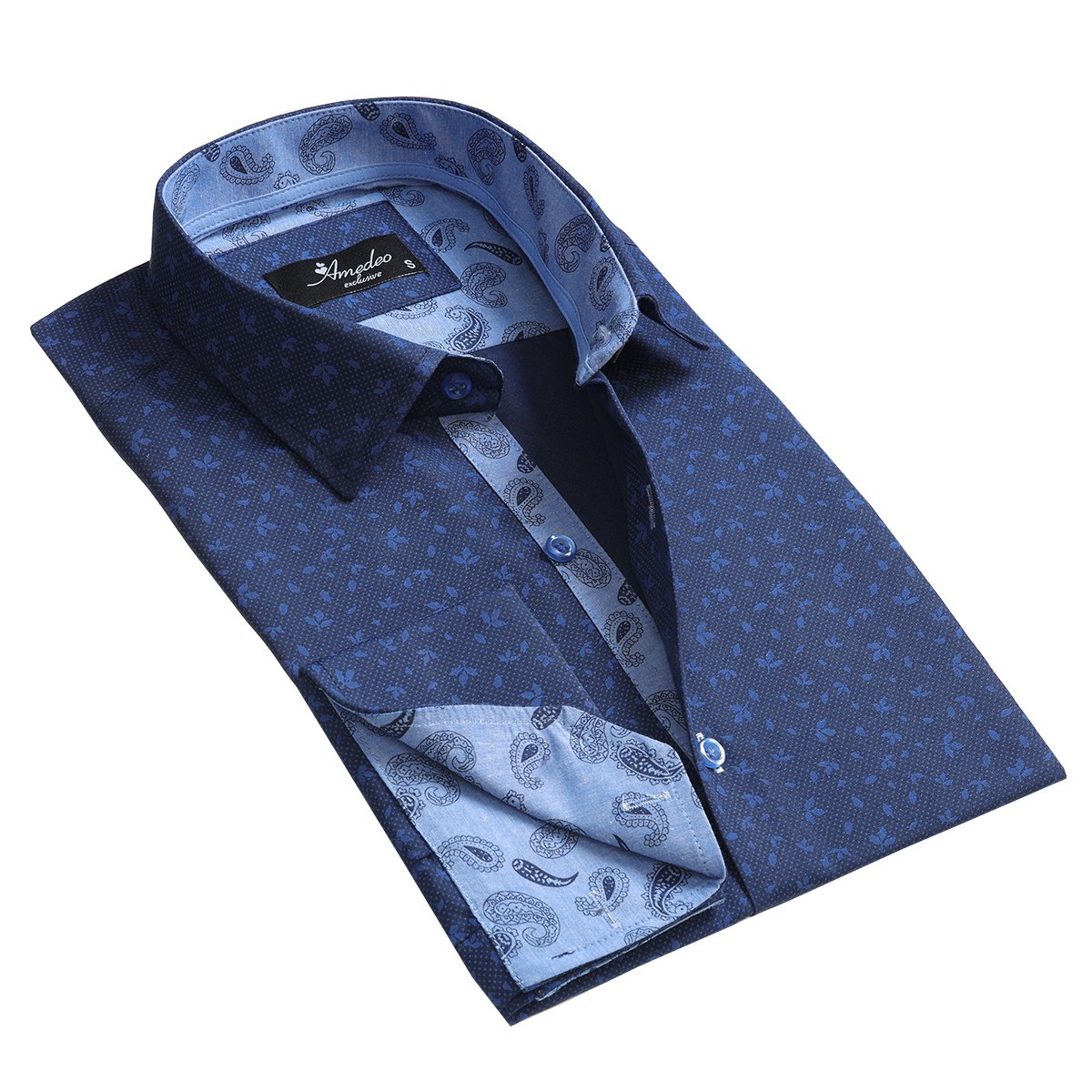 Blue Floral Mens Slim Fit French Cuff Dress Shirts with Cufflink Holes - Casual and Formal - Amedeo Exclusive